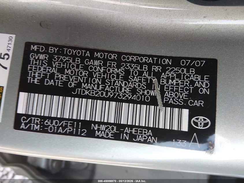 2007 Toyota Prius VIN JTDKB20U973294010 IAAI salvage auction — RIGHT REAR, Salvage (Oregon), sold $775 on 2026-07-30 (photo 9)