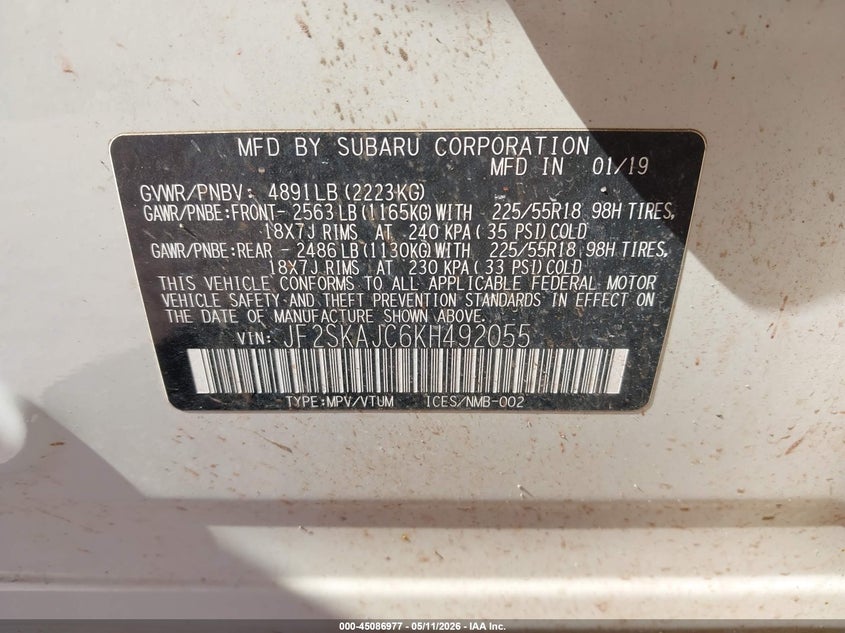 2019 Subaru Forester VIN JF2SKAJC6KH492055 IAAI salvage auction — REAR END, Salvage (Illinois), sold $3,000 on 2026-07-14 (photo 9)
