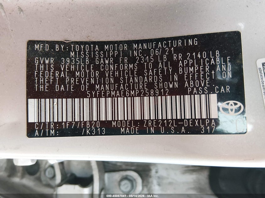 2021 Toyota Corolla VIN 5YFEPMAE6MP258912 IAAI salvage auction — LEFT SIDE, Salvage (West Virginia), sold $3,550 on 2026-07-29 (photo 9)