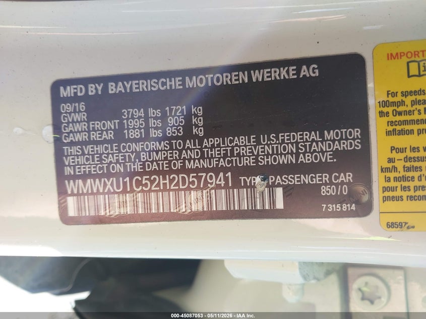 2017 Mini Hard top VIN WMWXU1C52H2D57941 IAAI salvage auction — RIGHT FRONT, Salvage (Pennsylvania), sold $1,100 on 2026-08-11 (photo 9)