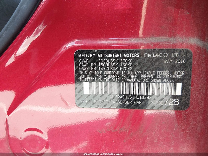 2018 Mitsubishi Mirage VIN ML32A3HJ6JH013393 IAAI salvage auction — REAR END, Salvage (North Carolina), sold $1,800 on 2026-07-15 (photo 9)