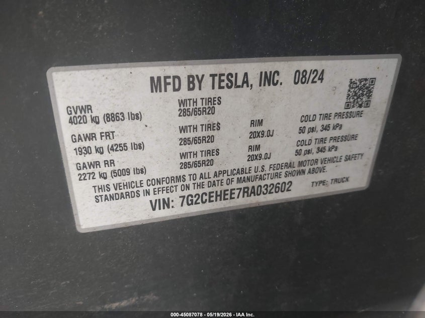 2024 Tesla Cybertruck VIN 7G2CEHEE7RA032602 IAAI salvage auction — UNDERCARRIAGE, Salvage (Massachusetts), sold $29,250 on 2026-07-23 (photo 9)