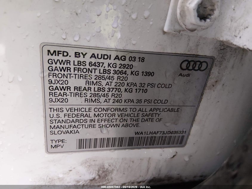 2018 Audi Q7 VIN WA1LHAF73JD035331 IAAI salvage auction — RIGHT FRONT, Clear (Indiana), sold $5,200 on 2026-07-18 (photo 9)