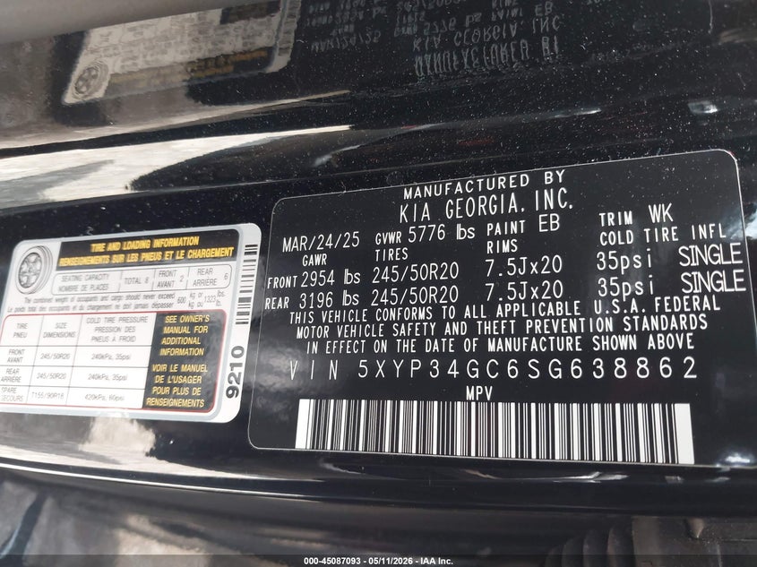 2025 Kia Telluride VIN 5XYP34GC6SG638862 IAAI salvage auction — REAR END, Salvage (Texas), sold $18,400 on 2026-07-14 (photo 9)