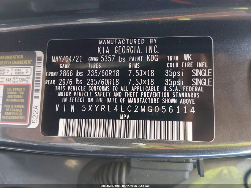 2021 Kia Sorento VIN 5XYRL4LC2MG056114 IAAI salvage auction — RIGHT FRONT, Salvage (Illinois), sold $6,850 on 2026-07-08 (photo 9)