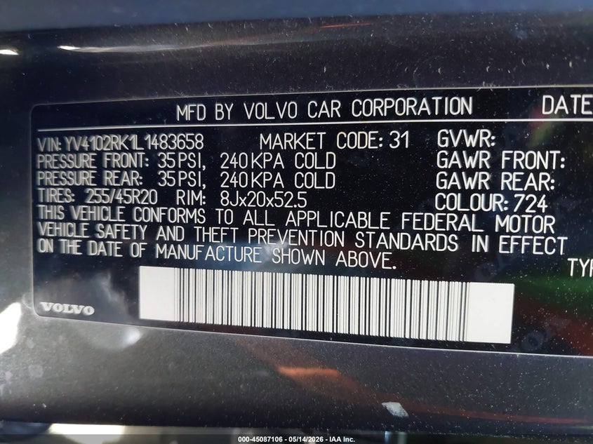 2020 Volvo Xc60 VIN YV4102RK1L1483658 IAAI salvage auction — SIDE, Original (Texas), sold $7,200 on 2026-07-08 (photo 9)