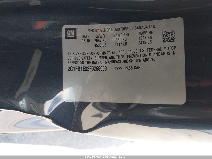 2015 Chevrolet Camaro VIN 2G1FB1E32F9268908 IAAI salvage auction — LEFT SIDE, Original (Texas), sold $2,175 on 2026-07-09 (photo 9)