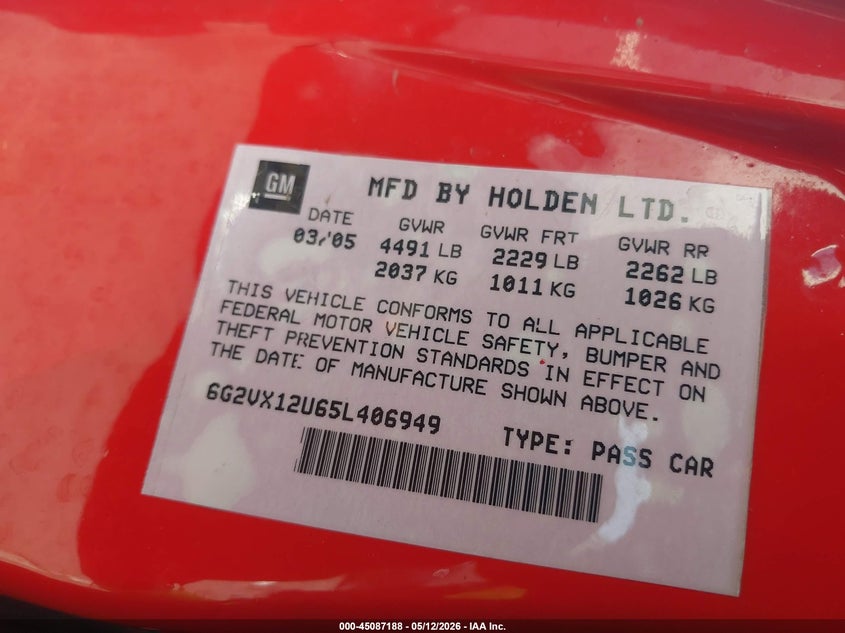 2005 Pontiac Gto VIN 6G2VX12U65L406949 IAAI salvage auction — RIGHT FRONT, Salvage (Arizona), sold $5,100 on 2026-07-14 (photo 9)