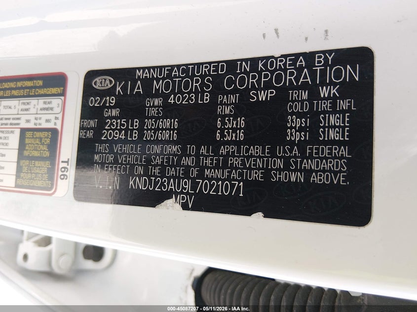 2020 Kia Soul VIN KNDJ23AU9L7021071 IAAI salvage auction — FRONT END, Salvage (Kentucky), sold $1,850 on 2026-07-29 (photo 9)