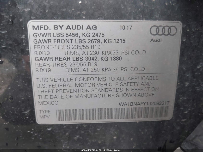 2018 Audi Q5 VIN WA1BNAFY1J2082317 IAAI salvage auction — ROLLOVER, Salvage Title, sold $2,450 on 2026-07-22 (photo 9)