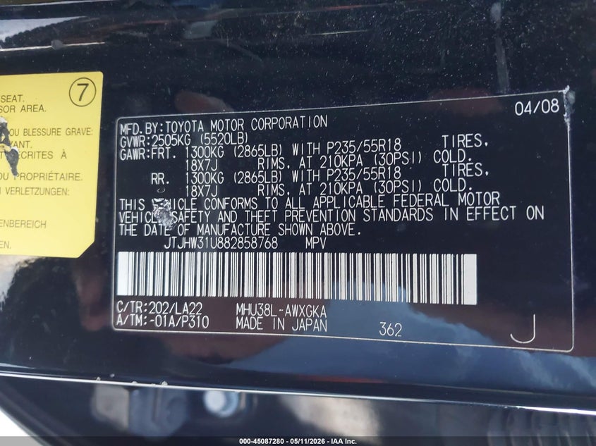 2008 Lexus Rx 400h VIN JTJHW31U882858768 IAAI salvage auction — LEFT REAR, Salvage (California), sold $2,650 on 2026-07-08 (photo 9)