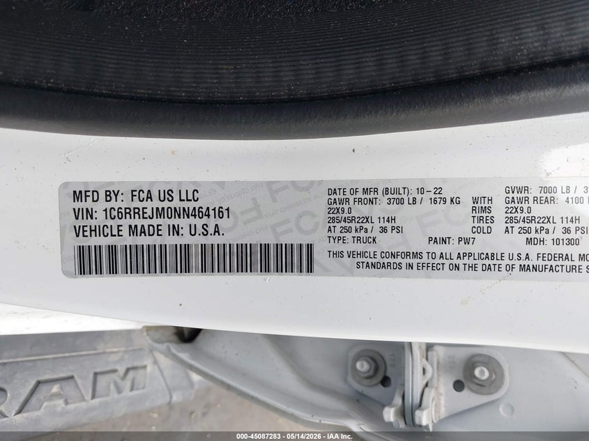 2022 Ram 1500 VIN 1C6RREJM0NN464161 IAAI salvage auction — REAR END, Salvage Title, sold $12,800 on 2026-07-15 (photo 9)