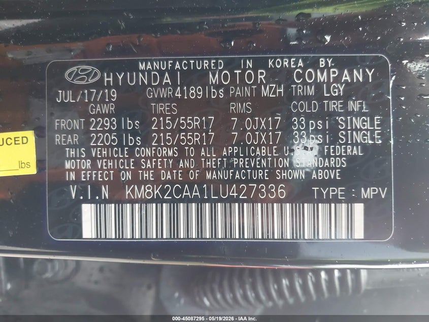 2020 Hyundai Kona VIN KM8K2CAA1LU427336 IAAI salvage auction — FRONT END, Salvage (Kansas), sold $3,425 on 2026-07-15 (photo 9)