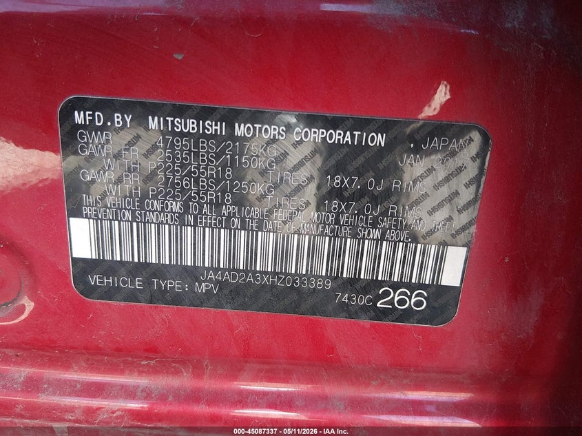 2017 Mitsubishi Outlander VIN JA4AD2A3XHZ033389 IAAI salvage auction — FRONT END, Salvage (Illinois), sold $475 on 2026-07-15 (photo 9)