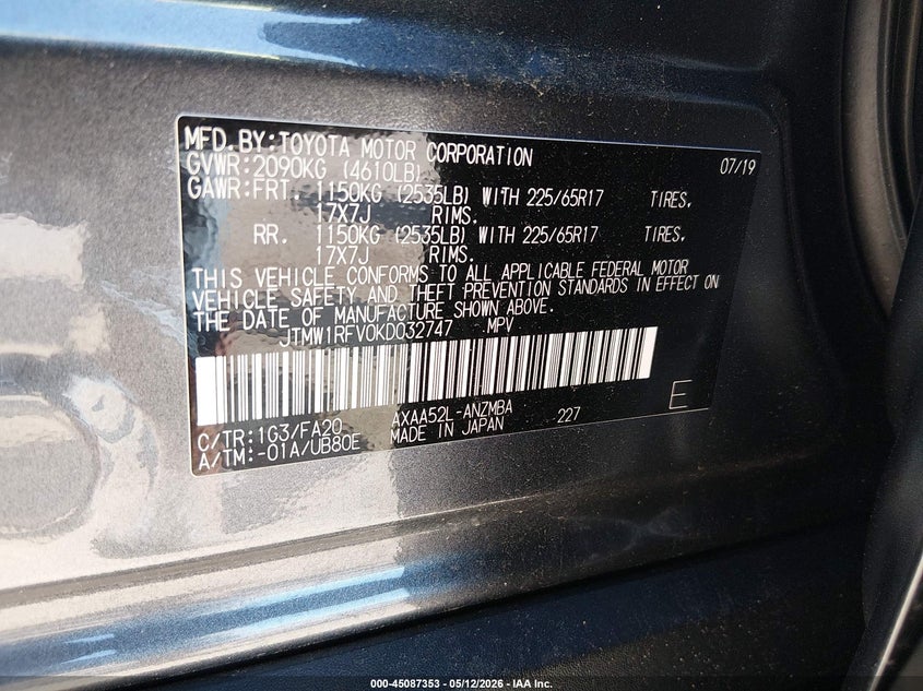 2019 Toyota Rav 4 VIN JTMW1RFV0KD032747 IAAI salvage auction — FRONT END, Original (Texas), sold $10,400 on 2026-07-29 (photo 9)