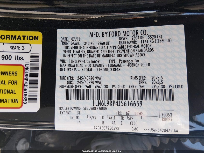 2018 Lincoln Continental VIN 1LN6L9RP4J5616659 IAAI salvage auction — FRONT END, Salvage Title, sold $6,100 on 2026-07-31 (photo 9)