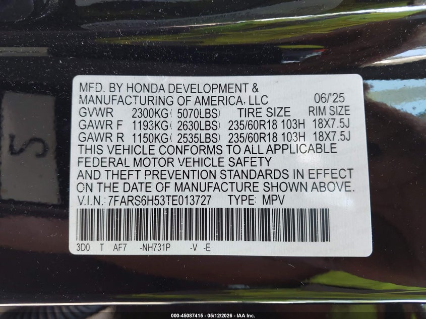 2026 Honda Cr-v VIN 7FARS6H53TE013727 IAAI salvage auction — ALL OVER, Salvage (Virginia), sold $8,800 on 2026-07-07 (photo 9)