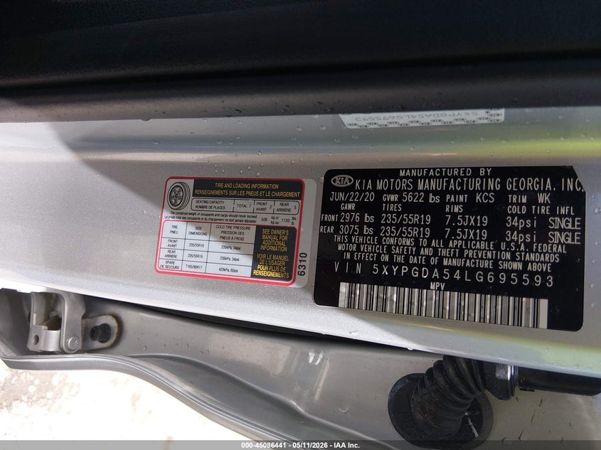 2020 Kia Sorento VIN 5XYPGDA54LG695593 IAAI salvage auction — HAIL, Salvage (Missouri), sold $25 on 2026-07-28 (photo 9)
