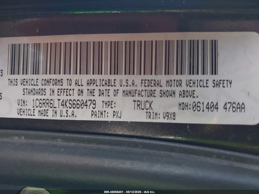 2019 Ram 1500 VIN 1C6RR6LT4KS660479 IAAI salvage auction — RIGHT FRONT, Salvage (Arizona), sold $3,050 on 2026-07-21 (photo 9)