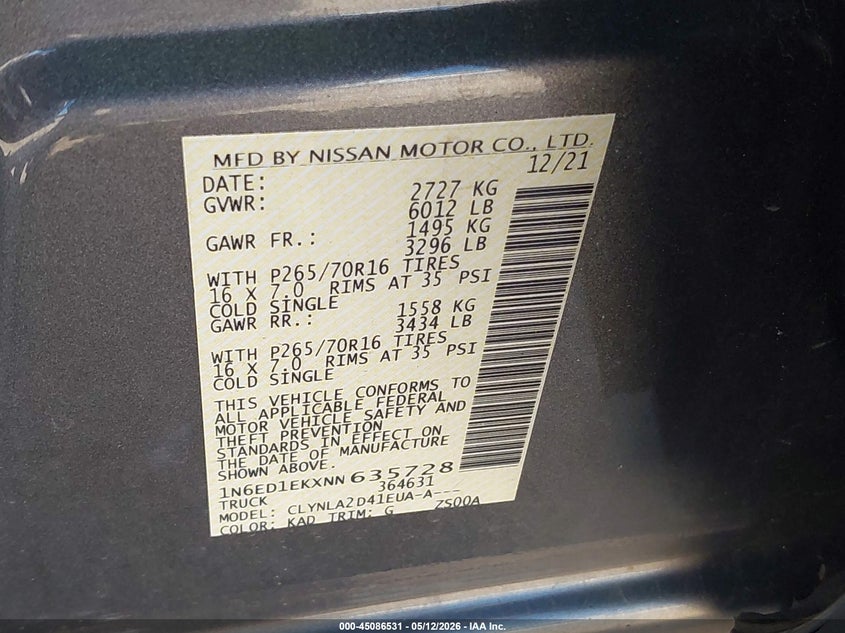 2022 Nissan Navara (frontier) VIN 1N6ED1EKXNN635728 IAAI salvage auction — FRONT END, Salvage - Greater Than 75% (Maryland), sold $5,800 on 2026-07-27 (photo 9)