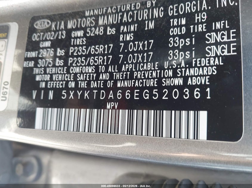 2014 Kia Sorento VIN 5XYKTDA66EG520361 IAAI salvage auction — REAR END, Mv-907A (New York), sold $200 on 2026-07-28 (photo 9)
