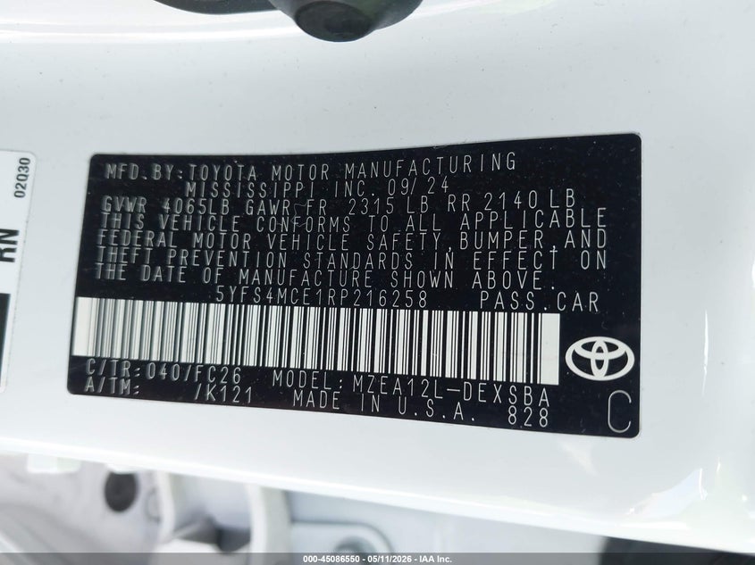 2024 Toyota Corolla VIN 5YFS4MCE1RP216258 IAAI salvage auction — FRONT END, Original (Texas), sold $10,100 on 2026-07-30 (photo 9)