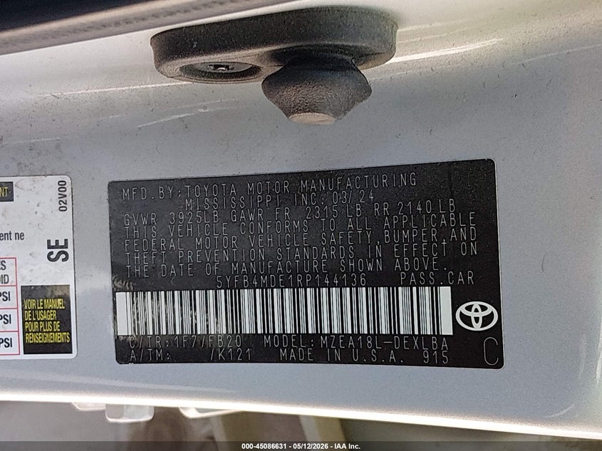 2024 Toyota Corolla VIN 5YFB4MDE1RP144136 IAAI salvage auction — RIGHT FRONT, Clear (Oklahoma), sold $6,200 on 2026-07-07 (photo 9)