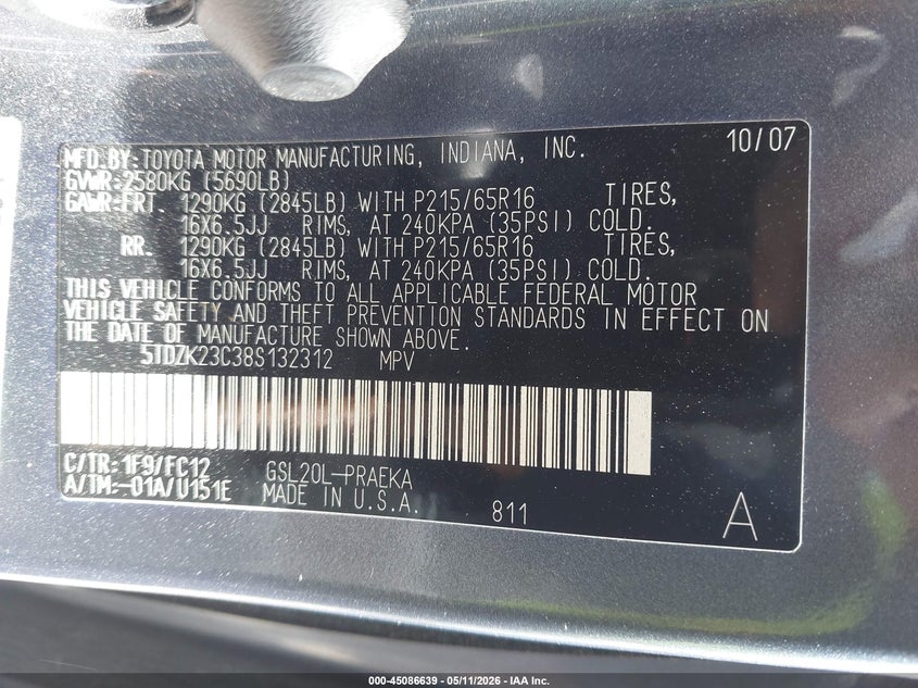 2008 Toyota Sienna VIN 5TDZK23C38S132312 IAAI salvage auction — REAR END, Salvage (Rhode Island), sold $500 on 2026-07-24 (photo 9)