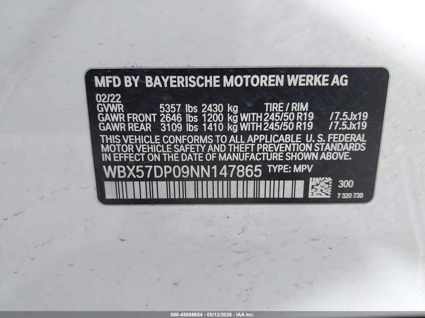 2022 BMW X3 VIN WBX57DP09NN147865 IAAI salvage auction — HAIL, Salvage (Ohio), sold $15,400 on 2026-07-27 (photo 9)