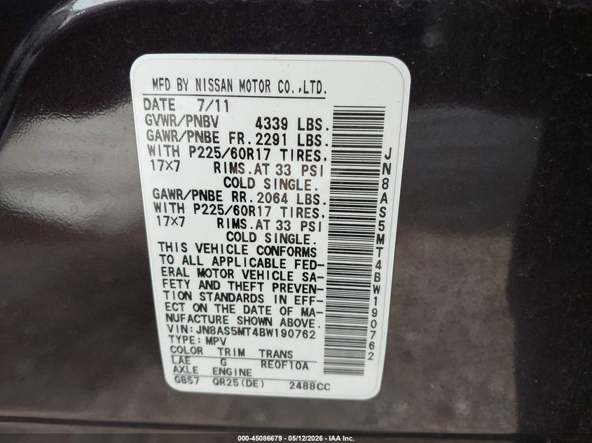 2011 Nissan Rogue VIN JN8AS5MT4BW190762 IAAI salvage auction — RIGHT SIDE, Salvage (Illinois), sold $425 on 2026-07-08 (photo 9)