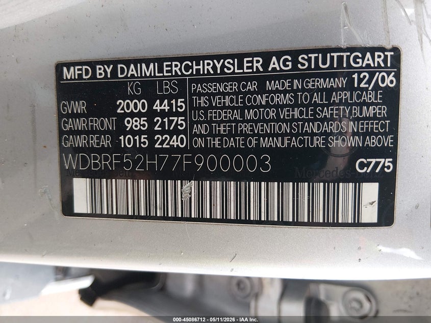 2007 Mercedes-benz C-klasse VIN WDBRF52H77F900003 IAAI salvage auction — RIGHT SIDE, Salvage (Hawaii), sold $25 on 2026-08-11 (photo 9)