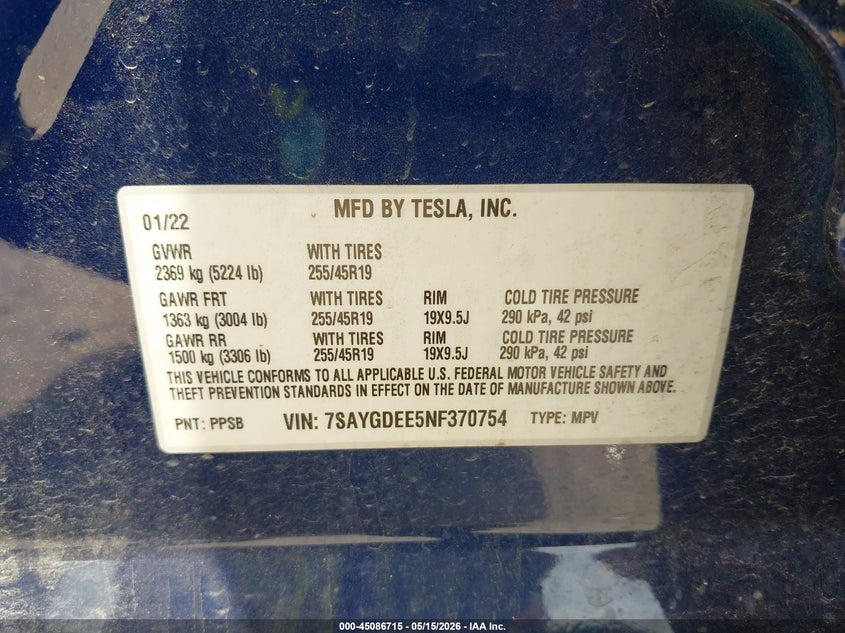 2022 Tesla Model y VIN 7SAYGDEE5NF370754 IAAI salvage auction — FRONT & REAR, Original (Texas), sold $8,400 on 2026-07-23 (photo 9)