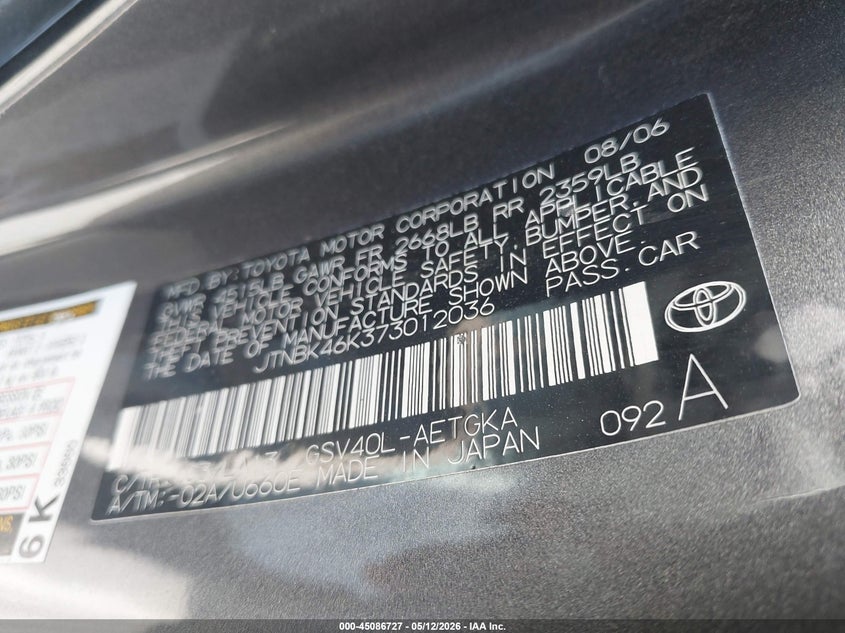 2007 Toyota Camry VIN JTNBK46K373012036 IAAI salvage auction — RIGHT SIDE, Salvage (California), sold $25 on 2026-07-29 (photo 9)