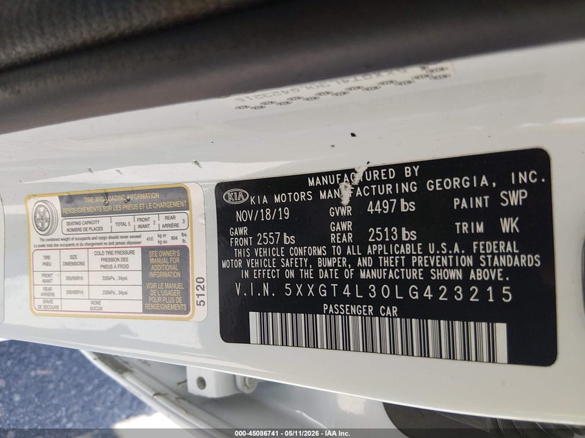 2020 Kia Optima VIN 5XXGT4L30LG423215 IAAI salvage auction — FRONT END, Salvage (Missouri), sold $375 on 2026-07-21 (photo 9)