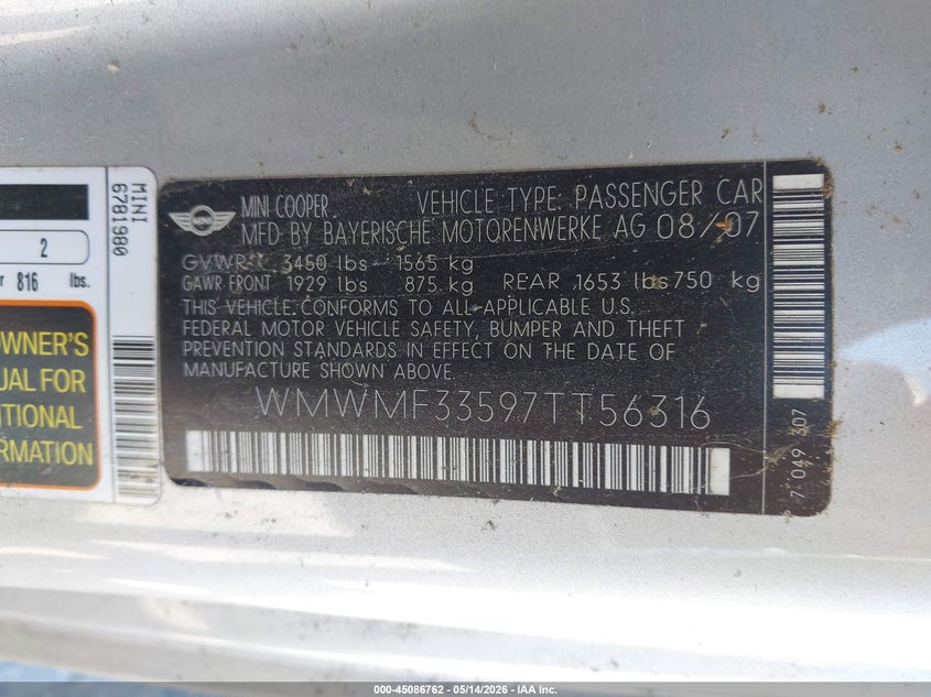 2007 Mini Cooper VIN WMWMF33597TT56316 IAAI salvage auction — RIGHT SIDE, Salvage (Georgia), sold $525 on 2026-07-09 (photo 9)