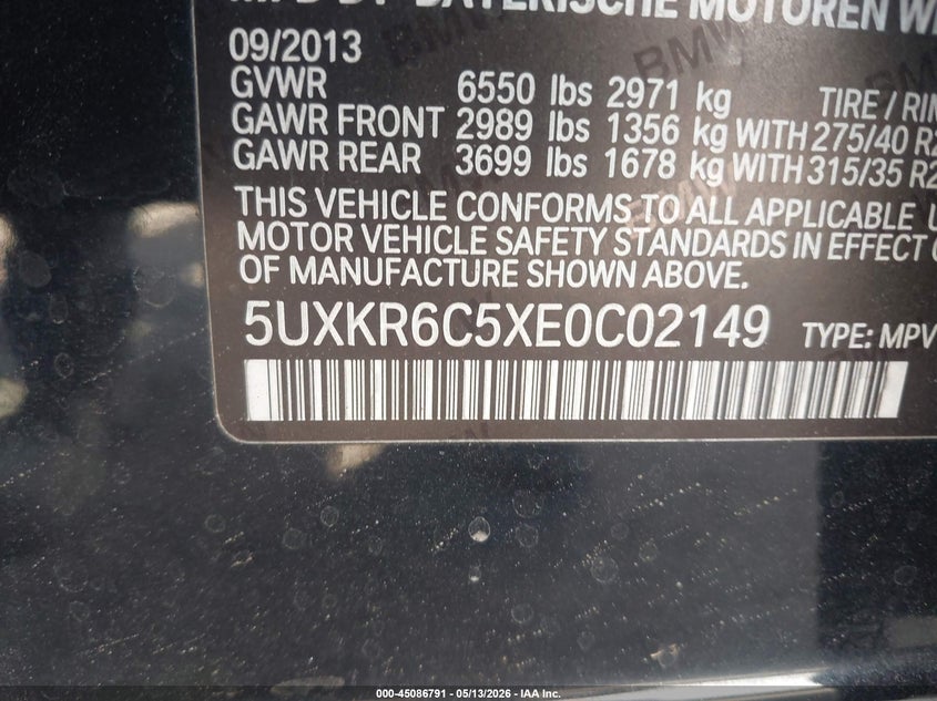 2014 BMW X5 VIN 5UXKR6C5XE0C02149 IAAI salvage auction — THEFT, Salvage (California), sold $2,800 on 2026-07-22 (photo 9)