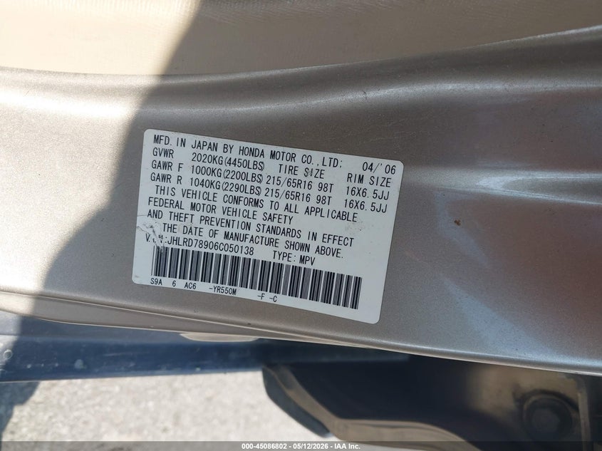 2006 Honda Cr-v VIN JHLRD78906C050138 IAAI salvage auction — FRONT END, Clear (Indiana), sold $325 on 2026-07-24 (photo 9)
