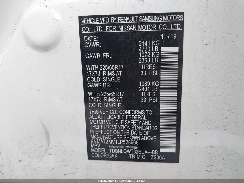 2020 Nissan Rogue VIN KNMAT2MV1LP528669 IAAI salvage auction — REAR END, Salvage - Greater Than 75% (Maryland), sold $3,650 on 2026-07-15 (photo 9)