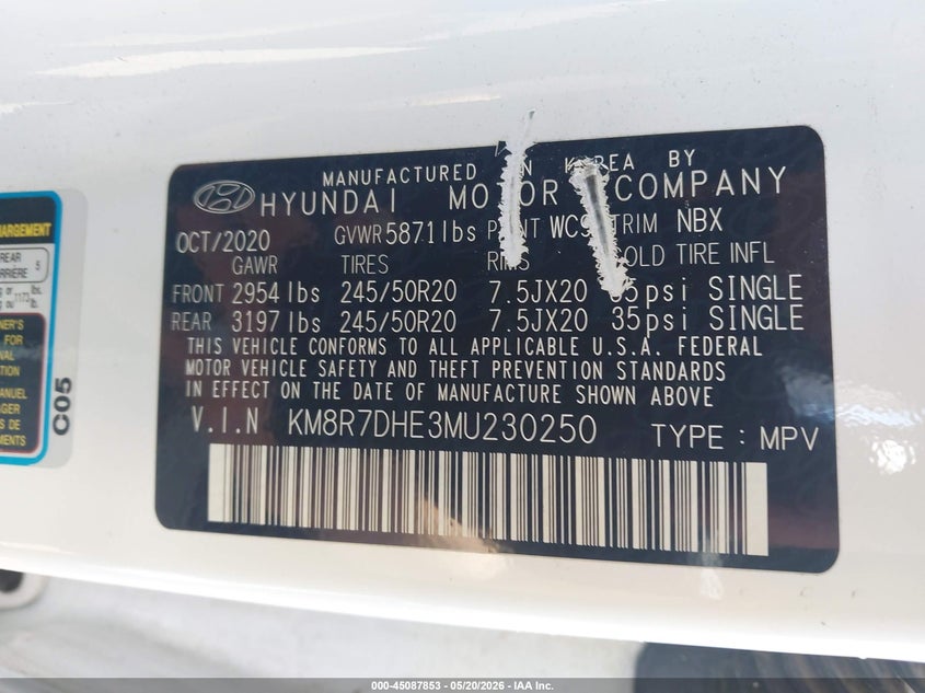 2021 Hyundai Palisade VIN KM8R7DHE3MU230250 IAAI salvage auction — FRONT END, Salvage Title, sold $9,000 on 2026-08-20 (photo 9)