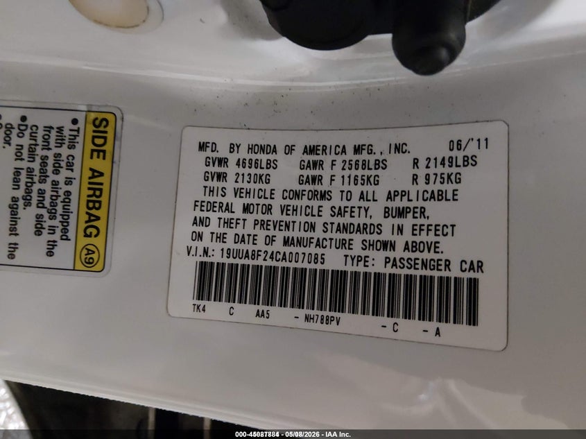 2012 Acura Tl VIN 19UUA8F24CA007085 IAAI salvage auction — FRONT END, Salvage (Idaho), sold $250 on 2026-07-09 (photo 9)