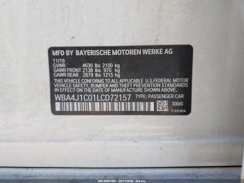 2020 BMW 4er VIN WBA4J1C01LCD72157 IAAI salvage auction — FRONT END, Salvage (Indiana), sold $325 on 2026-07-28 (photo 9)