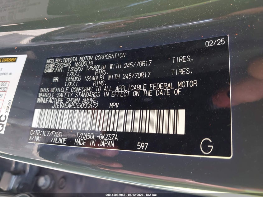 2025 Toyota 4runner VIN JTEVA5AR5S5000672 IAAI salvage auction — FRONT END, Original (Texas), sold $18,200 on 2026-07-29 (photo 9)