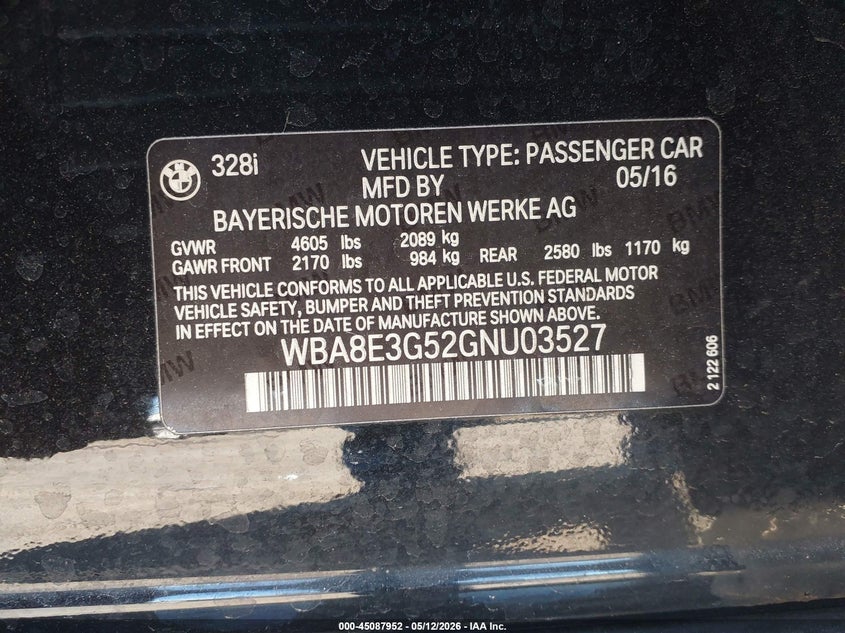2016 BMW 3er VIN WBA8E3G52GNU03527 IAAI salvage auction — FRONT END, Salvage (Idaho), sold $1,725 on 2026-08-01 (photo 9)
