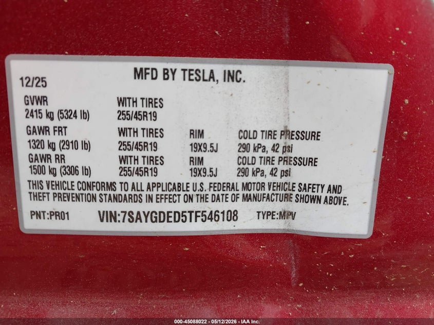 2026 Tesla Model y VIN 7SAYGDED5TF546108 IAAI salvage auction — LEFT SIDE, Salvage (North Carolina), sold $17,150 on 2026-07-09 (photo 9)