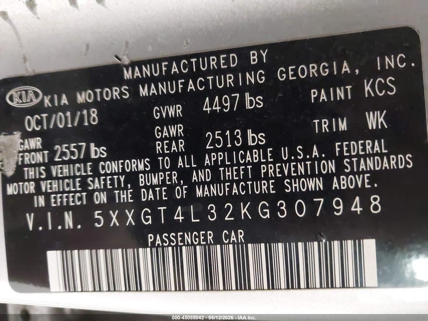 2019 Kia Optima VIN 5XXGT4L32KG307948 IAAI salvage auction — FRONT END, Prior Salvage (Minnesota), sold $800 on 2026-07-15 (photo 9)