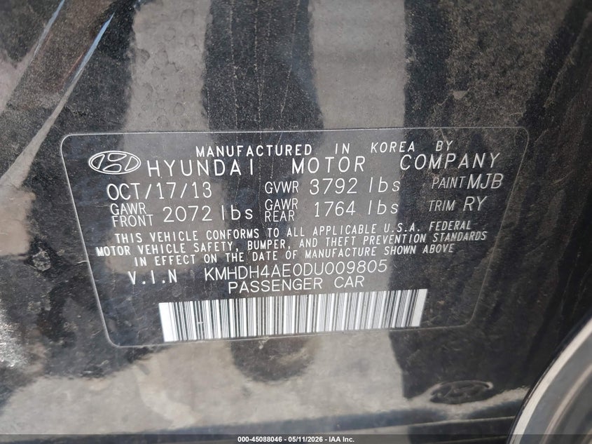 2013 Hyundai Elantra VIN KMHDH4AE0DU009805 IAAI salvage auction — REAR END, Salvage (Illinois), sold $550 on 2026-07-15 (photo 9)