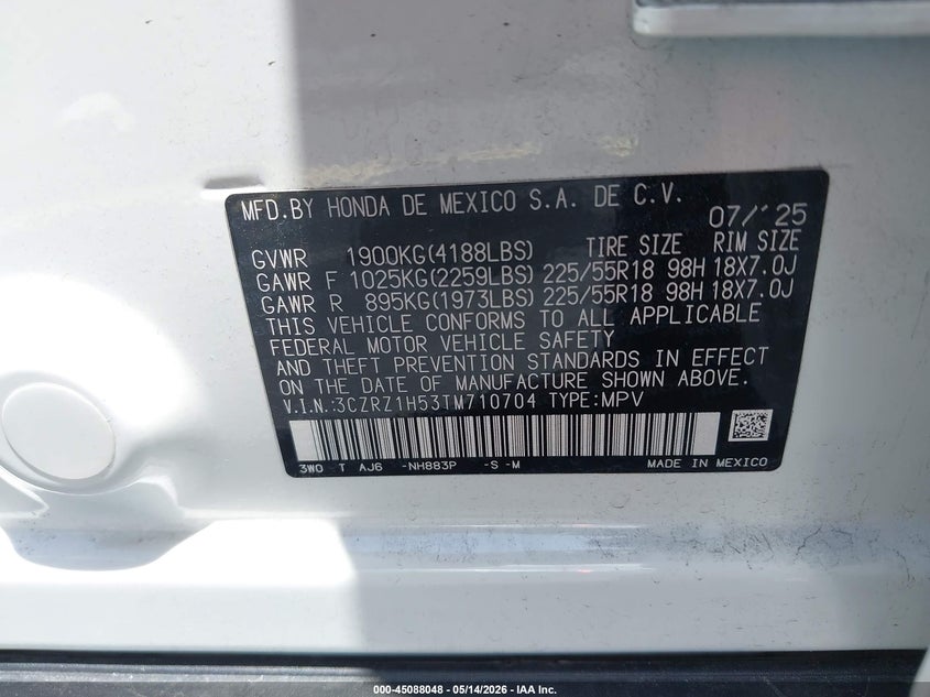 2026 Honda Hr-v VIN 3CZRZ1H53TM710704 IAAI salvage auction — RIGHT FRONT, Salvage Title, sold $11,275 on 2026-08-20 (photo 9)