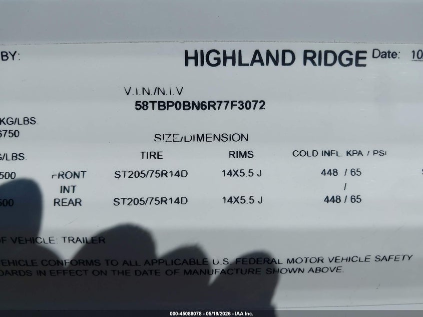 2024 Highland ridge 26bhw VIN 58TBP0BN6R77F3072 IAAI salvage auction — HAIL, Salvage (Utah), sold $5,500 on 2026-09-23 (photo 9)