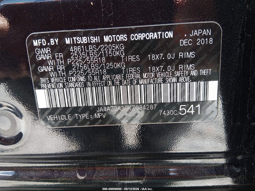2019 Mitsubishi Outlander VIN JA4AZ3A39KZ034287 IAAI salvage auction — REAR END, Salvage (West Virginia), sold $2,425 on 2026-07-08 (photo 9)