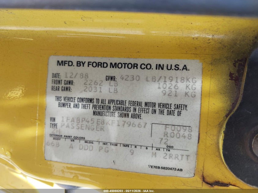 1989 Ford Mustang VIN 1FABP45E8KF179667 IAAI salvage auction — FRONT END, Salvage (California), sold $3,900 on 2026-07-06 (photo 9)